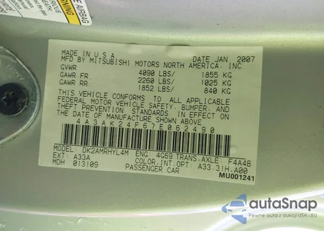 2007 Mitsubishi Eclipse Gs z USA, uszkodzony, nr VIN 4A3AK24F67E062490